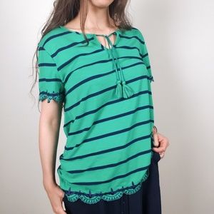 Green & Navy Stripes Scalloped Embroidered Edges